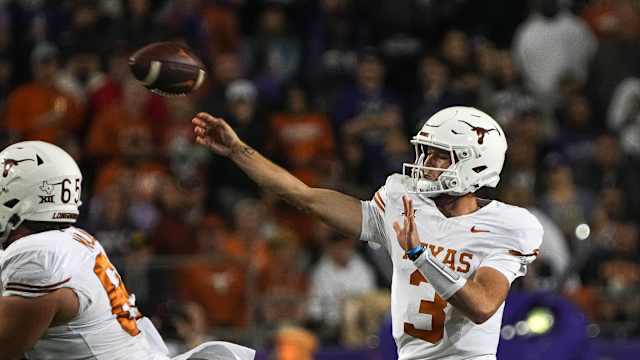 Texas Longhorns quarterback Quinn Ewers (3) throws a pass during the game against Texas Christian University at Amon G. Carter Stadium on Saturday, Nov. 11, 2023 in Fort Worth, Texas